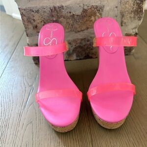 Jessica Simpson Neon Pink cork 4.5 wedge / Platform Sandals NWOT size 6